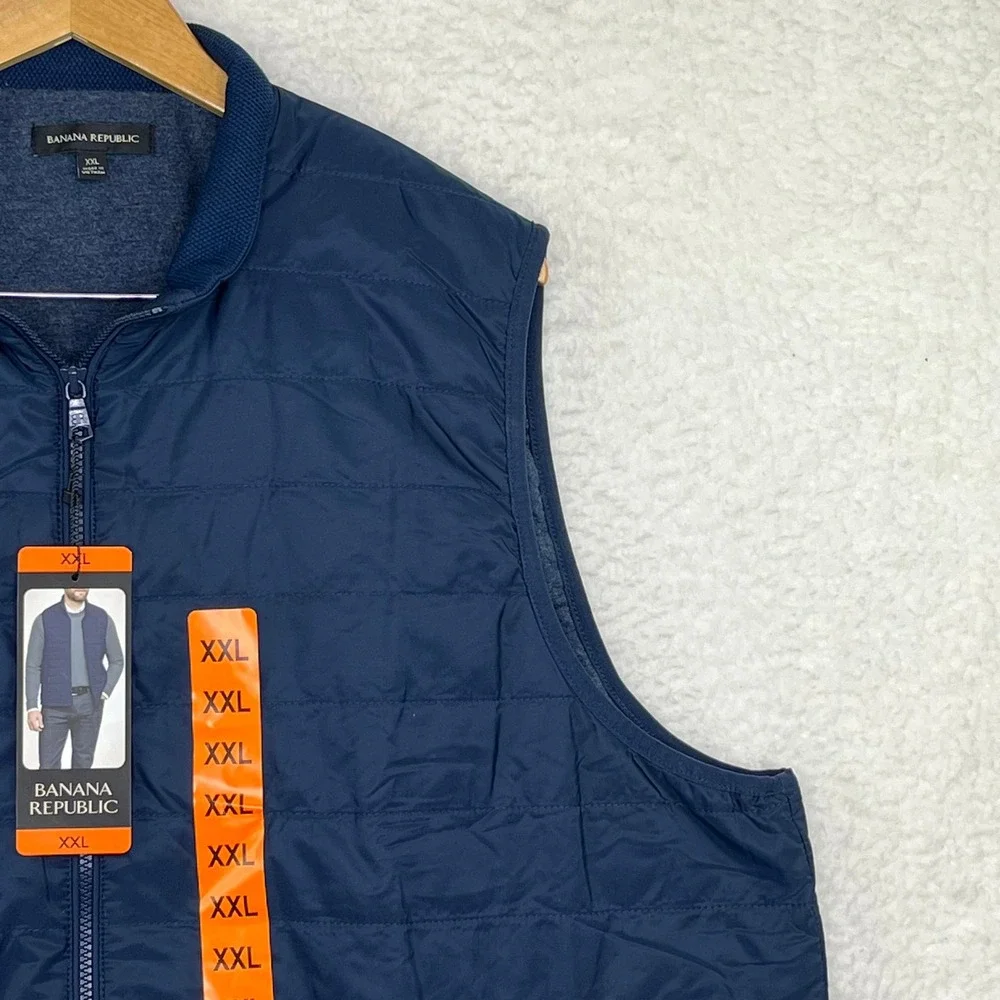 Banana Republic Mens XXL Quilted Puffer Vest Navy Blue Full Zip Mock Neck